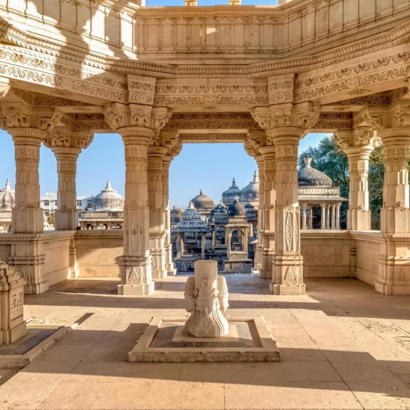 Inside a marble cenotaph at Ahar, its carved columns framing rows of domed royal tombs beyond.