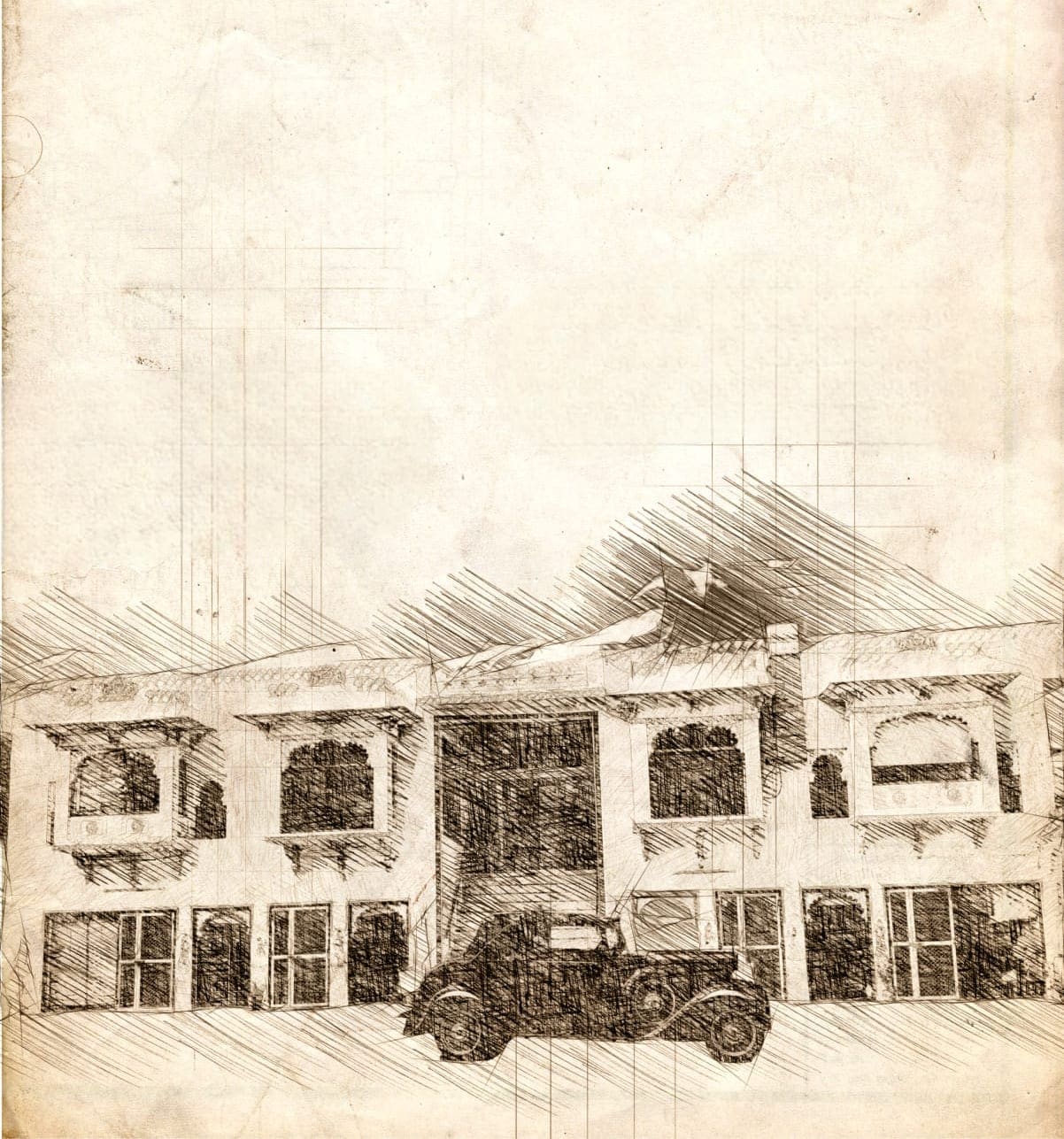 Devendra Garh drawn in pencil from Rani Road, with the vintage car under the porch