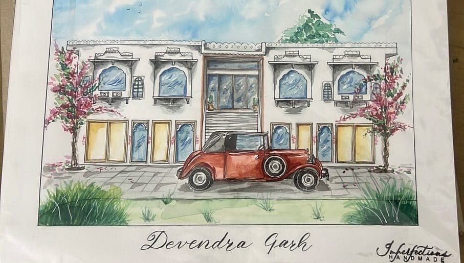 A watercolour and ink painting of a white two storey haveli with bracketed balcony windows and a red vintage car parked in front, the name Devendra Garh written beneath it